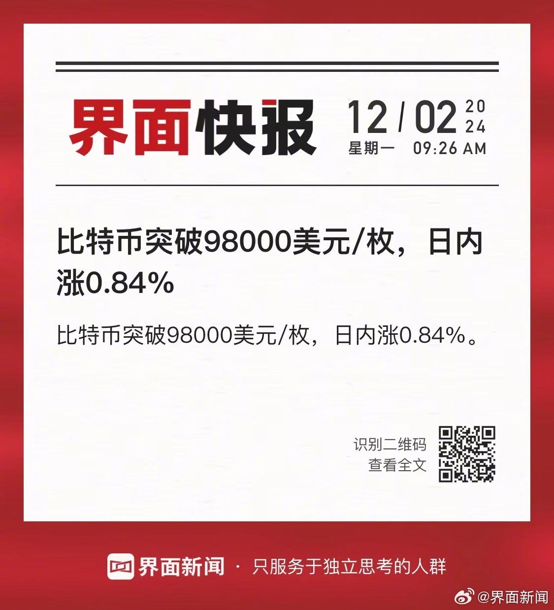 比特币突破98000美元/枚