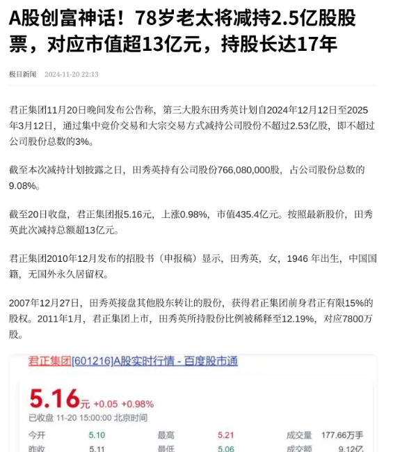 78歲老太將減持2.5億股股票